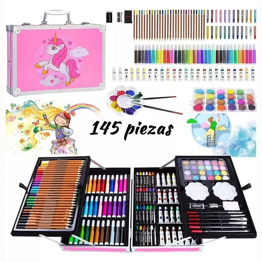 Set de Arte Profesional 145 Piezas Colores y Plumones Unicornio Rosa 2
