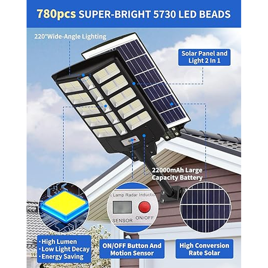 Pack 2 Foco Solar Posta 1200W Para Calles Al Aire Libre, Patios, Garajes, Campos Deportivos, Estacionamientos 3