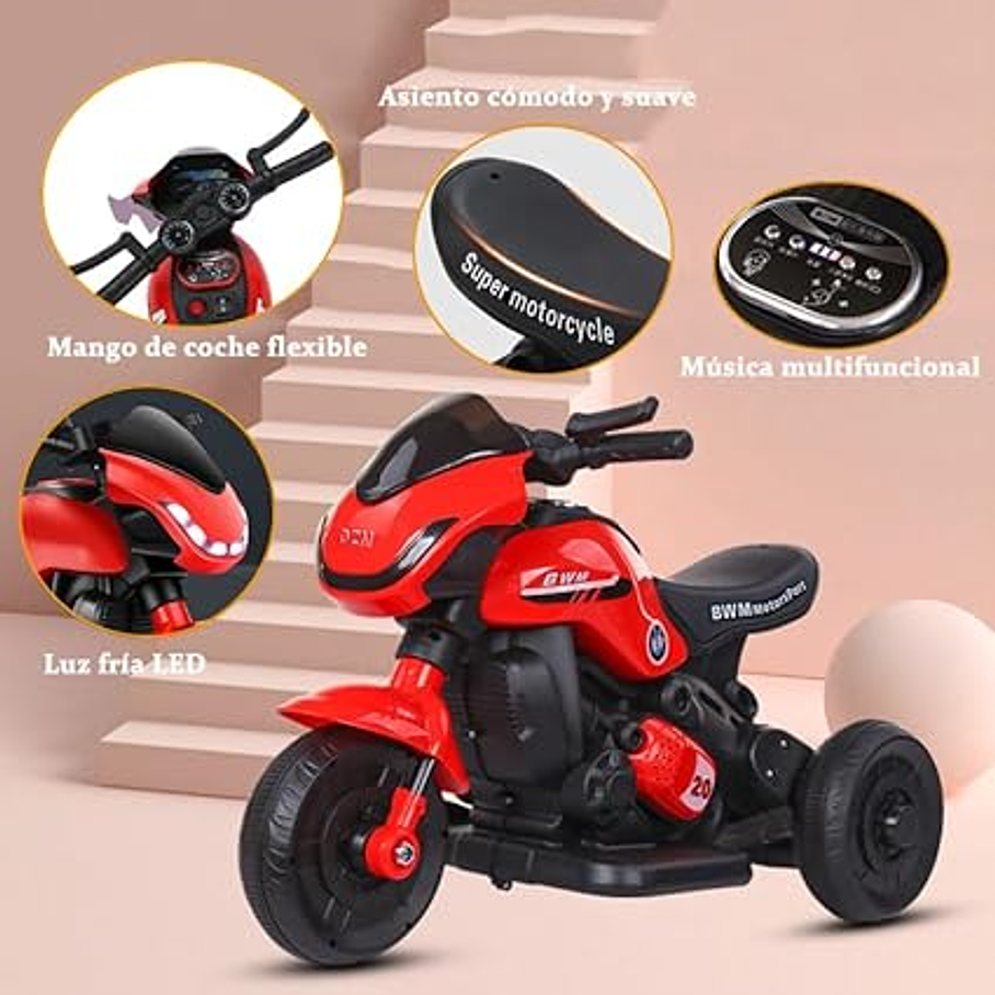 Moto Electrica 3 Ruedas Para Niño con Luz Led y Música  7