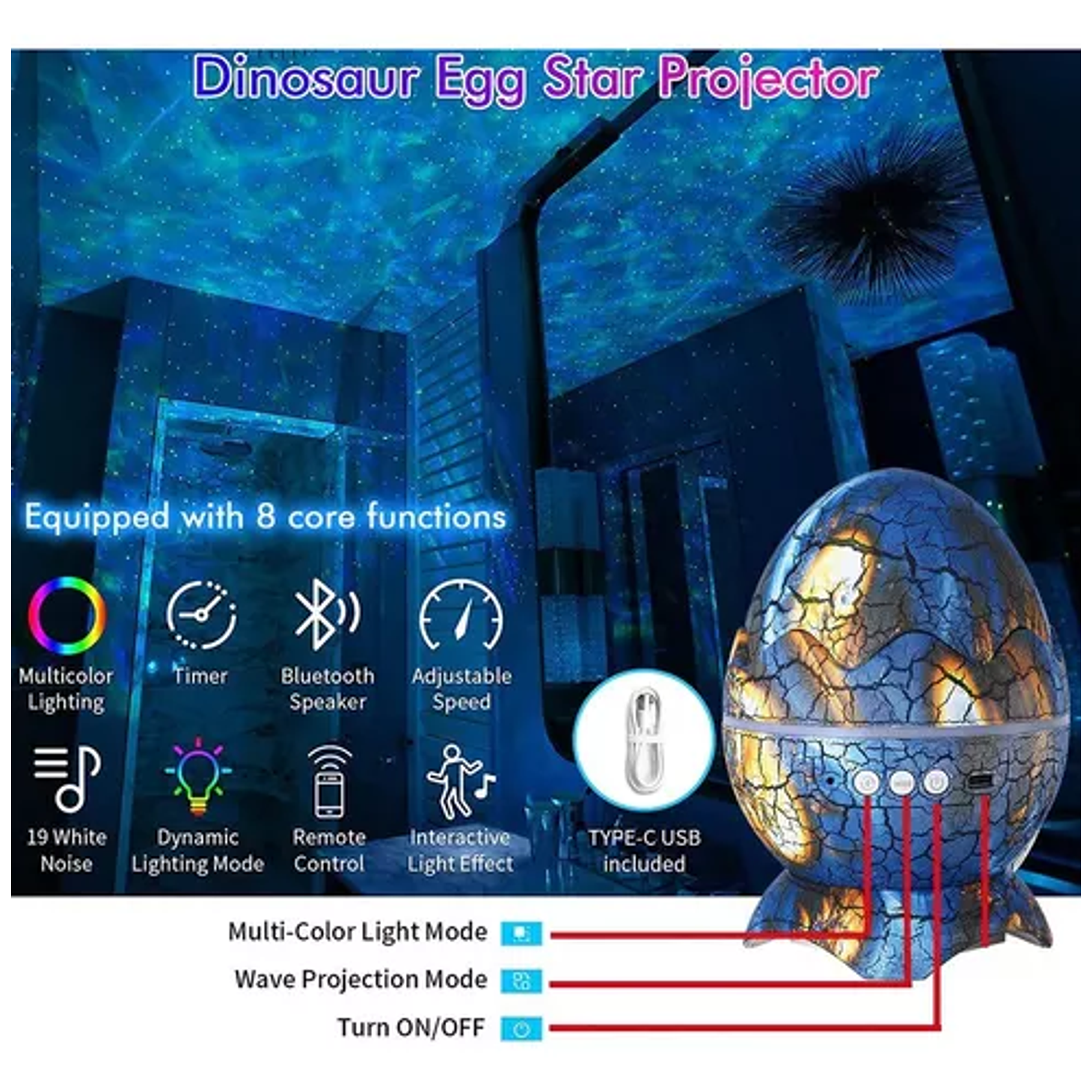 Lámpara De Nocturna Proyector De Huevo Dinosaurio Bluetooth 6