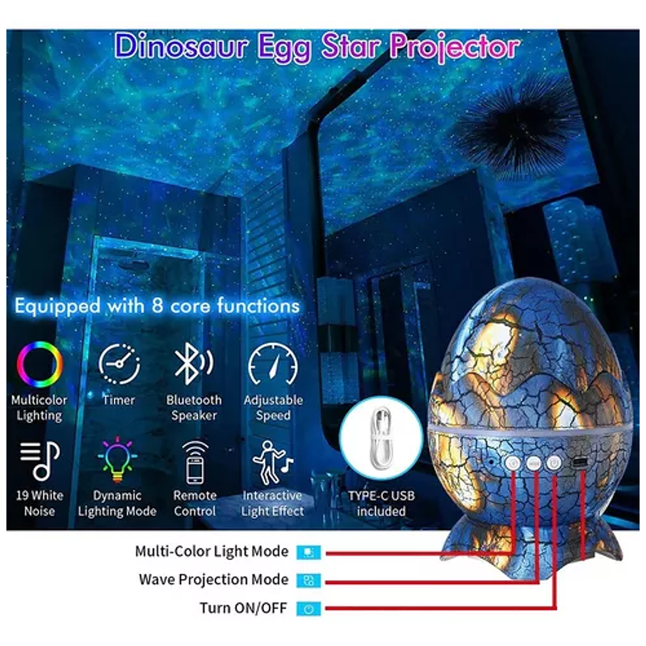 Lámpara De Nocturna Proyector De Huevo Dinosaurio Bluetooth 6