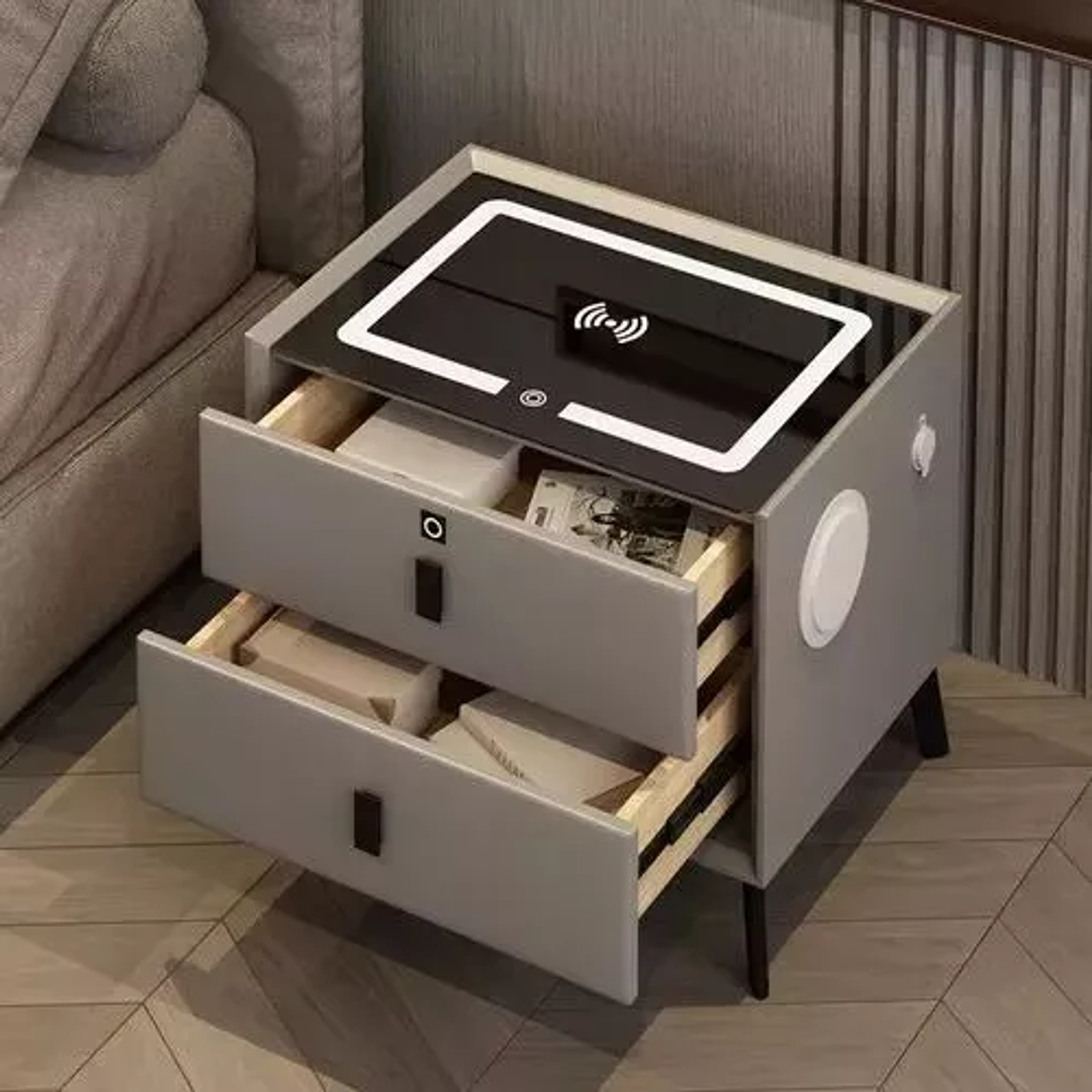 Velador Mesita De Noche Inteligente Con Carga Inalámbrica, Bocina Bluetooth 3