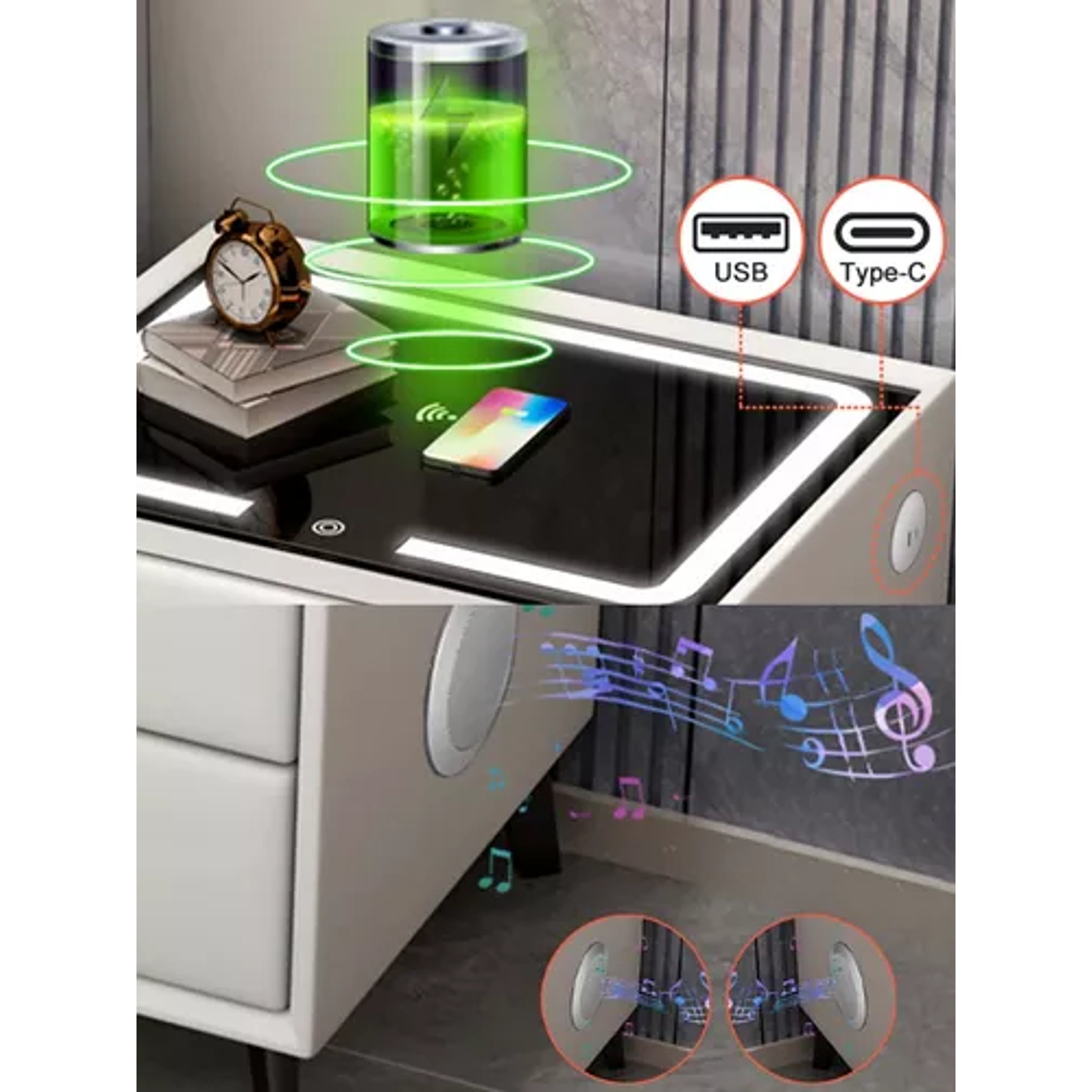 Velador Mesita De Noche Inteligente Con Carga Inalámbrica, Bocina Bluetooth 5