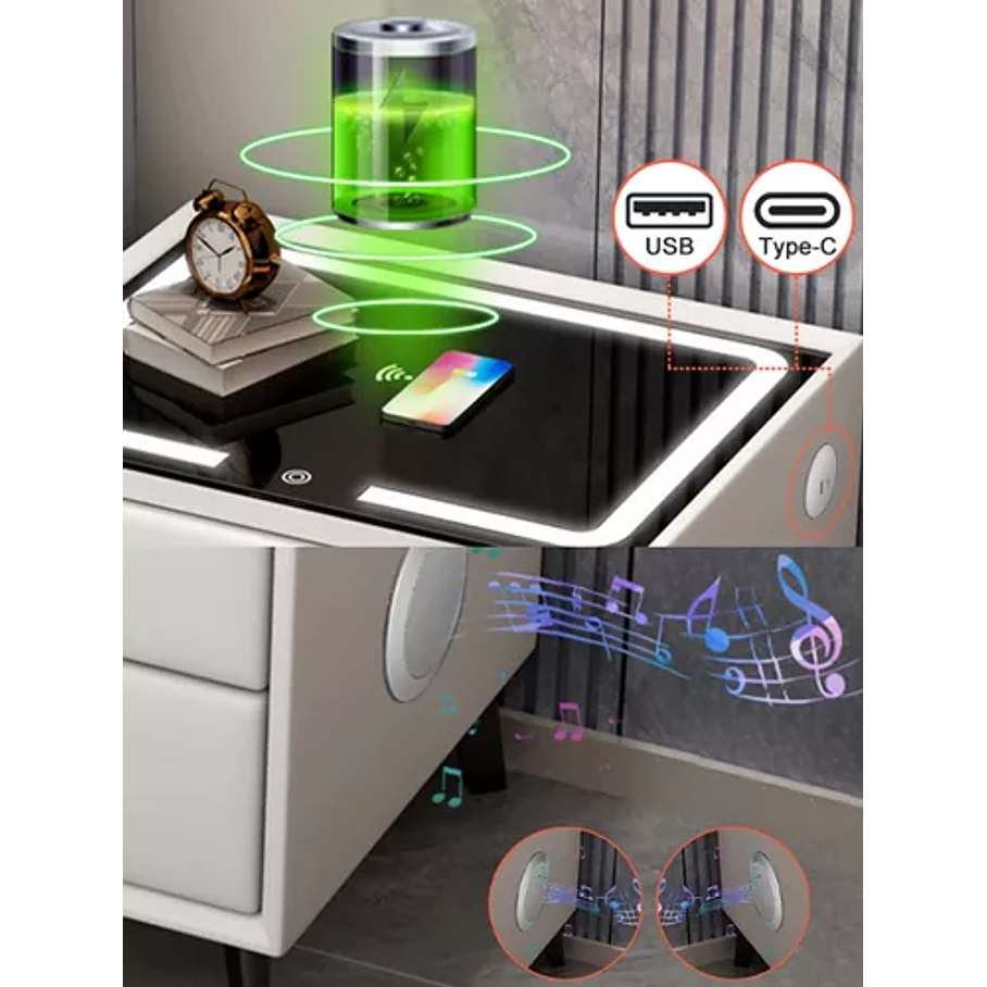 Velador Mesita De Noche Inteligente Con Carga Inalámbrica, Bocina Bluetooth 5