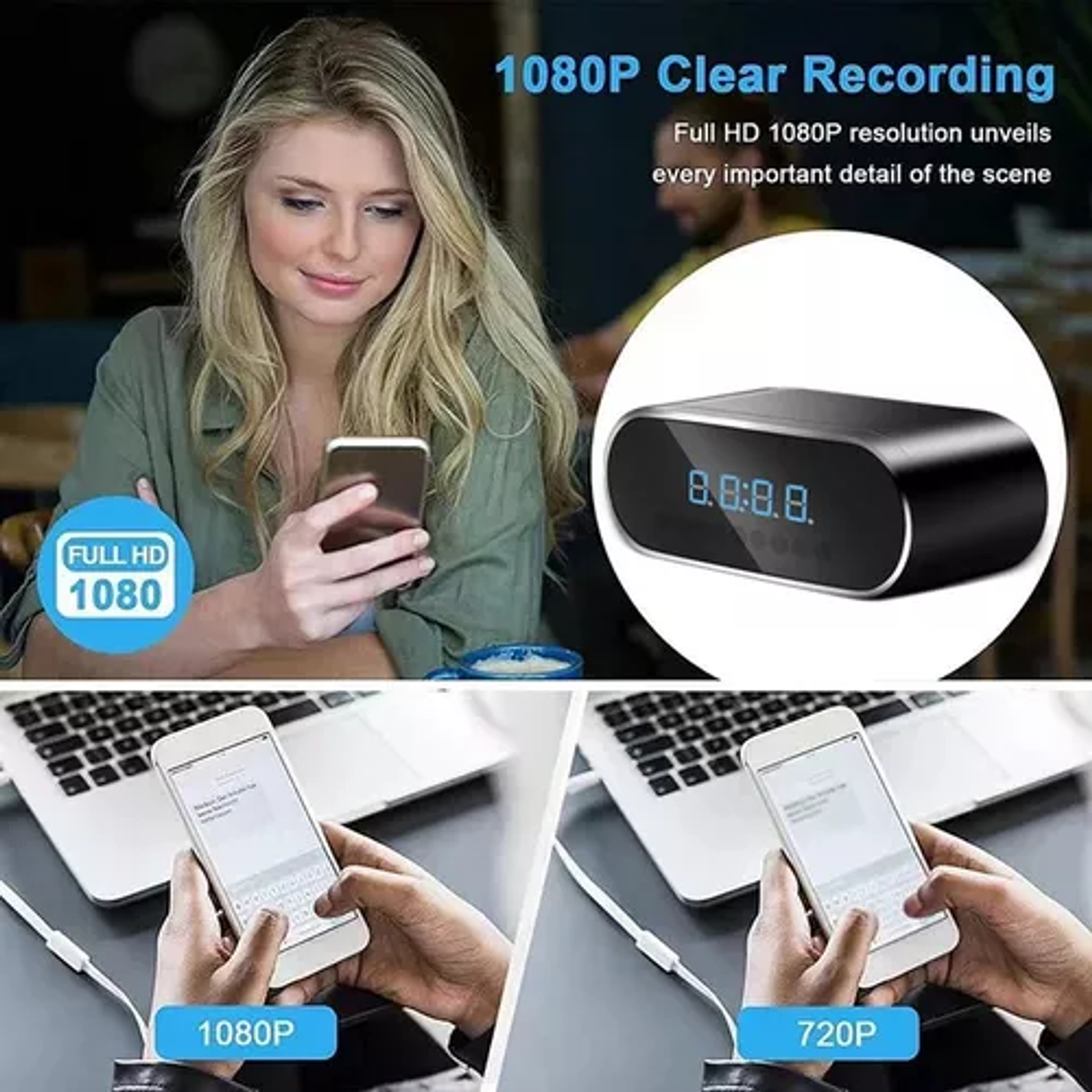 Reloj Despertador Camara Oculta Wifi/4k/Tiempo Real/ 128gb 8