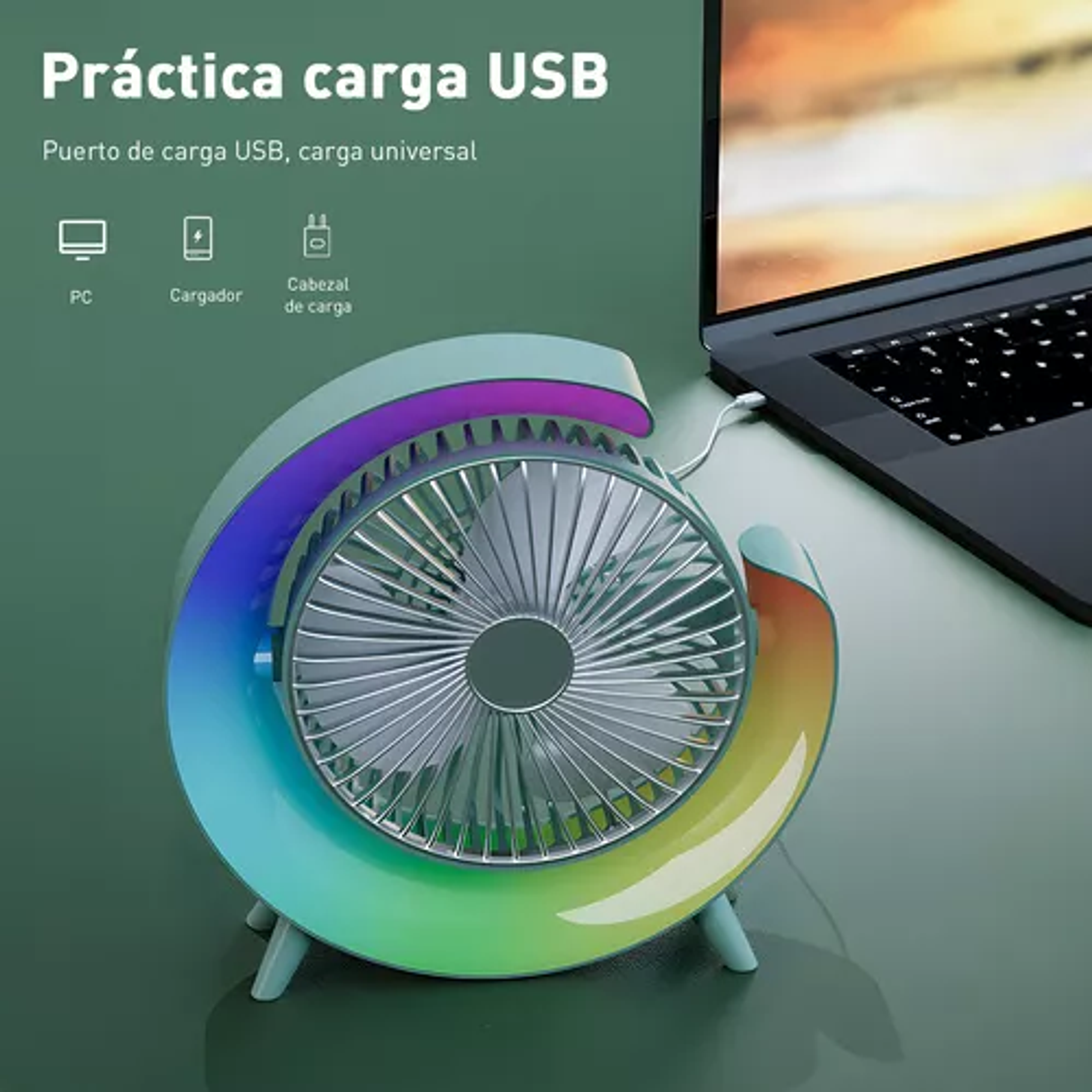 Mini Ventilador De Escritorio Portátil Recargable Usb Con Luz 4