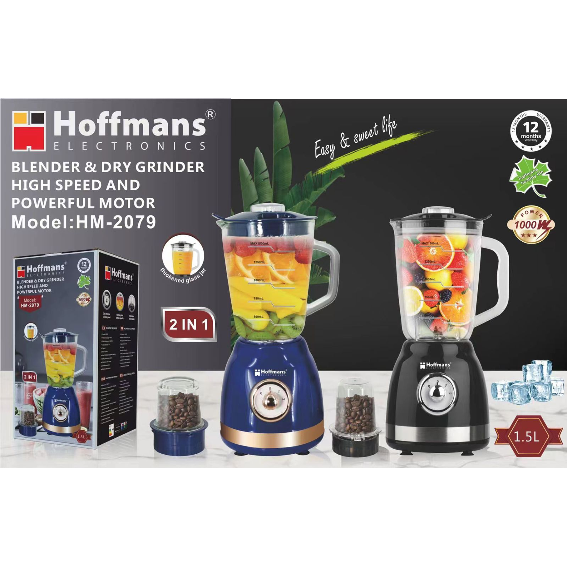 Licuadora Y Molinillo De Vidrio 2 En 1 Hoffmans Hm-2079 1000W 1.5L  5