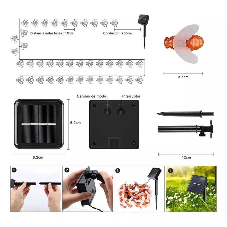 Cadena De Luces Solares De 30 Ledes Para Exterior Jardín Luces Abeja  6