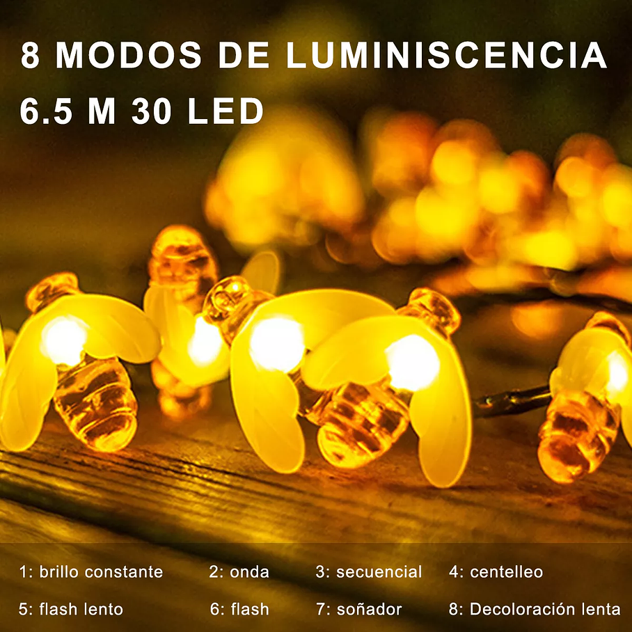 Cadena De Luces Solares De 30 Ledes Para Exterior Jardín Luces Abeja  7
