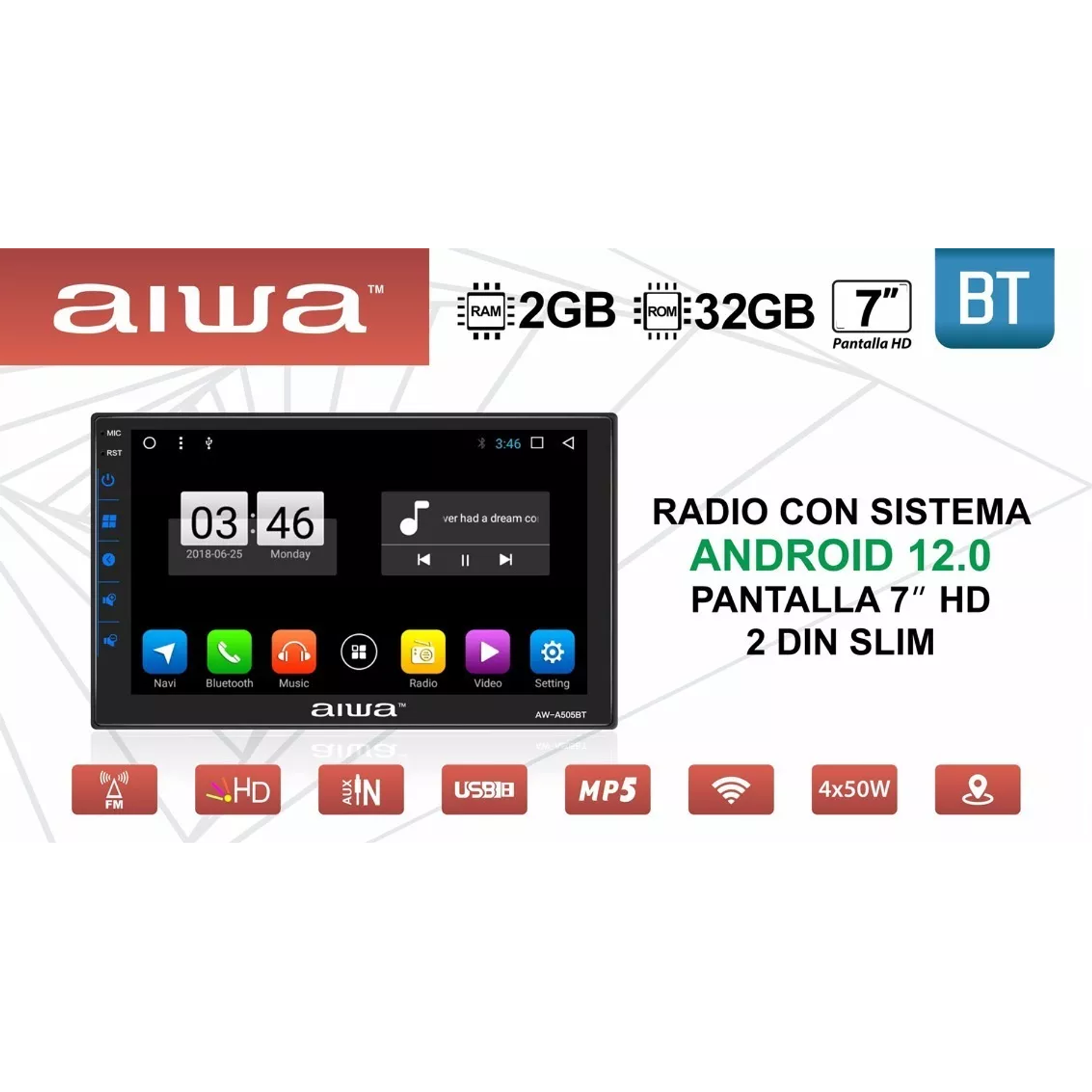 Radio Auto 2 Din Android Touch Hd De 7'' Aiwa Aw-a505bt 3