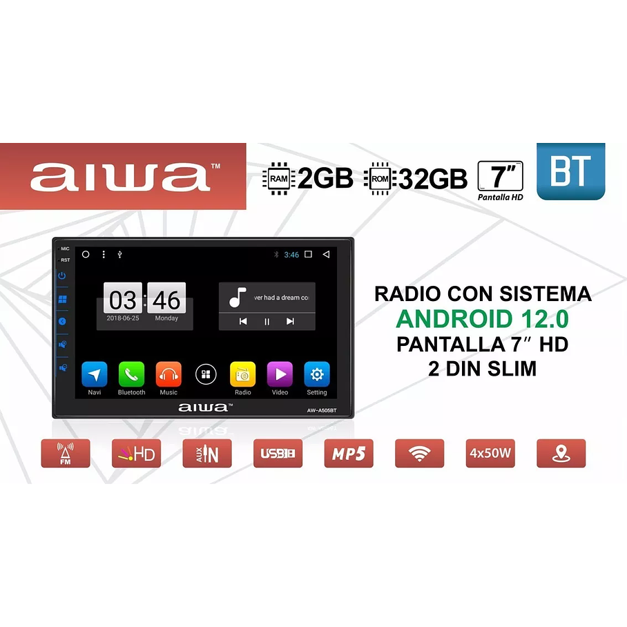 Radio Auto 2 Din Android Touch Hd De 7'' Aiwa Aw-a505bt 3