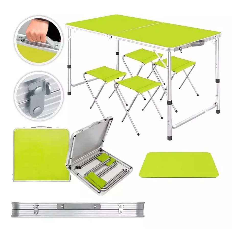 Mesa Plegable Tipo Portafolio 1.20 M Con 4 Sillas Portátiles Color Verde 1