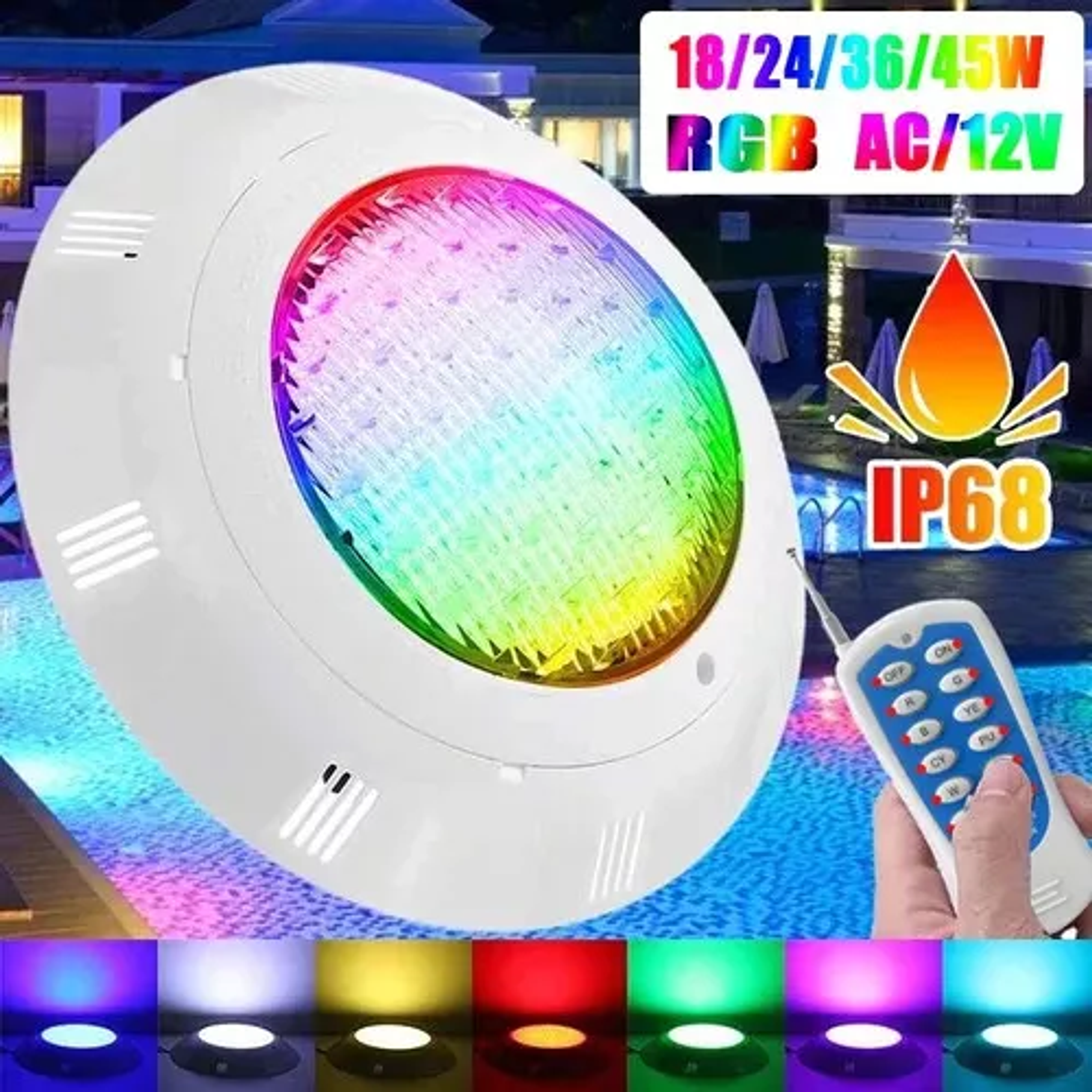 Foco Piscina 18w Mando Multicolor Lámpara Led Subacuática 1