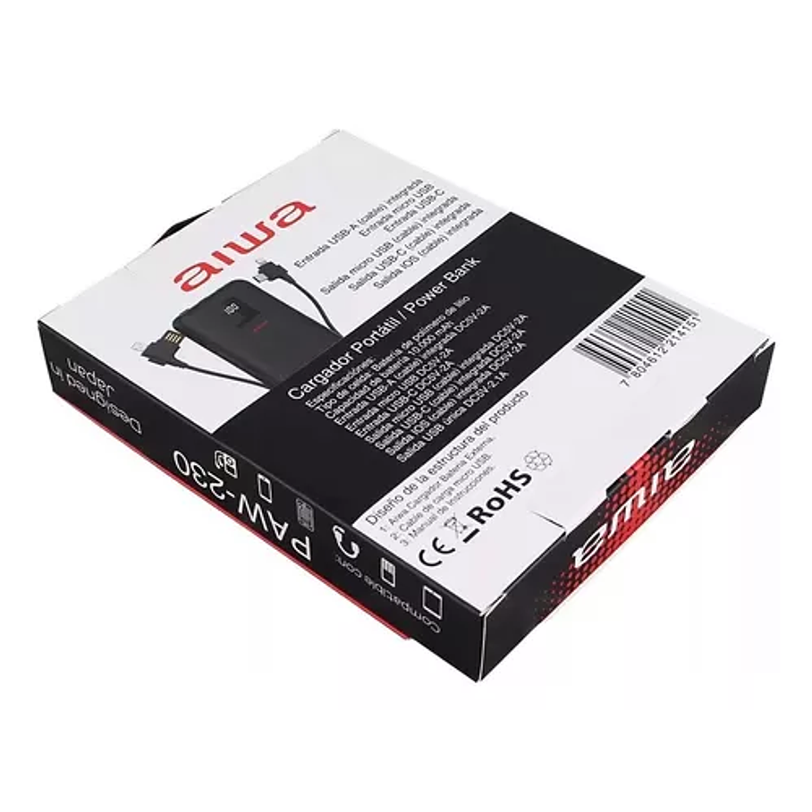 Cargador Portátil Aiwa 10.000 Usb 4 En 1 Universal Paw-230 Color Negro 3