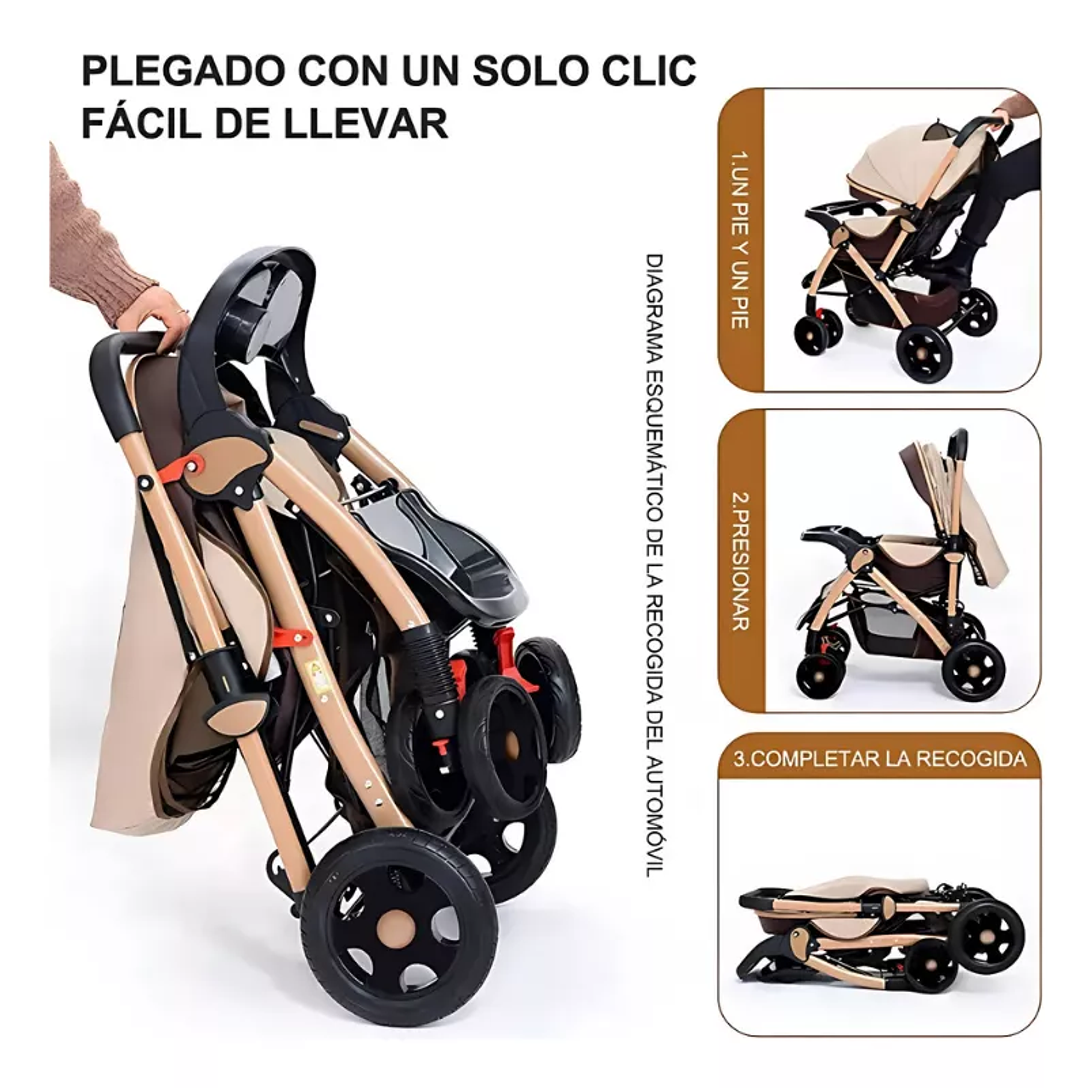 Coche Cuna Para Bebe Plegable Con Accesorios Dorado Premium 3