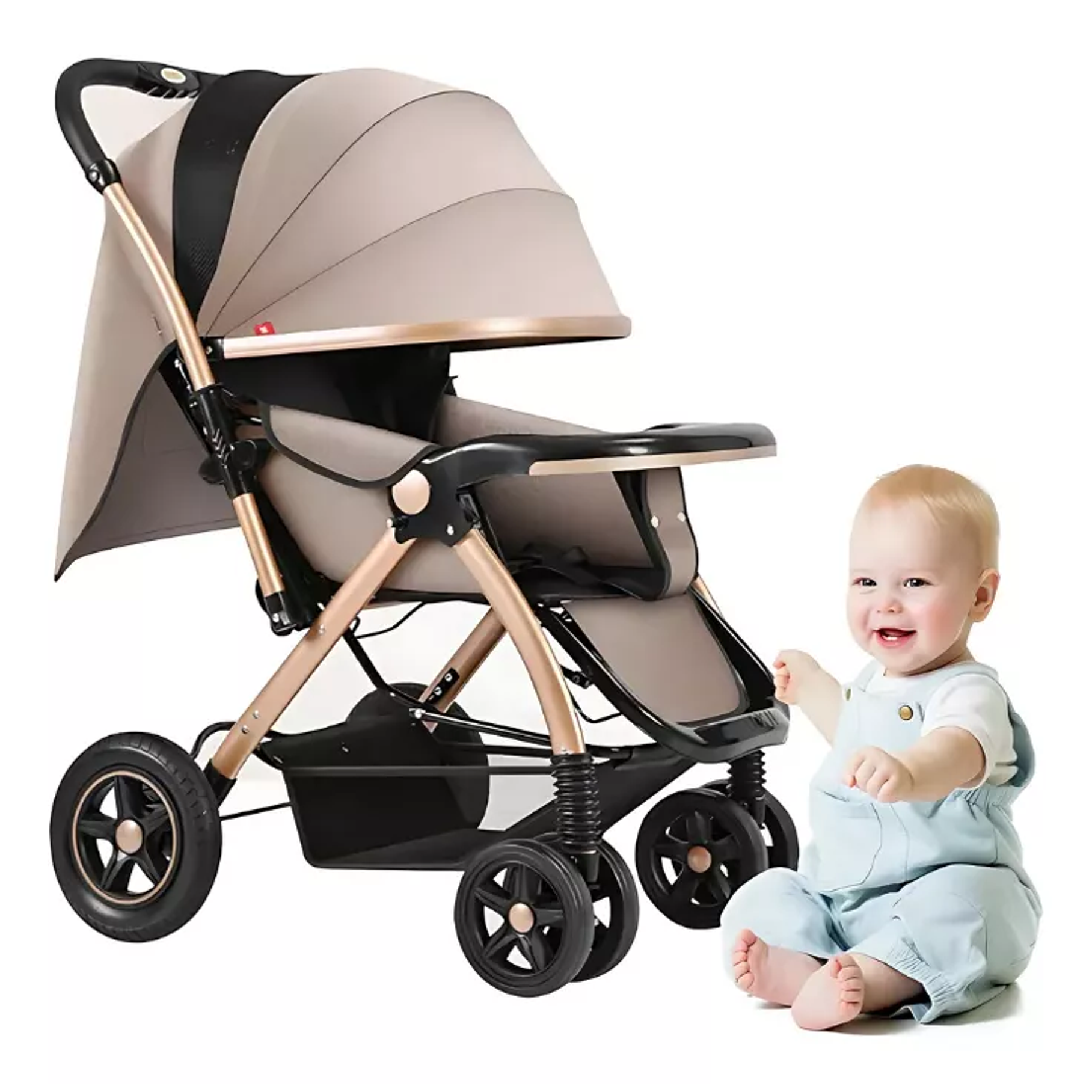 Coche Cuna Para Bebe Plegable Con Accesorios Dorado Premium 1