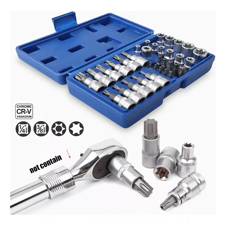 Juego Dados Torx Estrella 3/8 Hembra Macho 34 Pcs Crownman  3