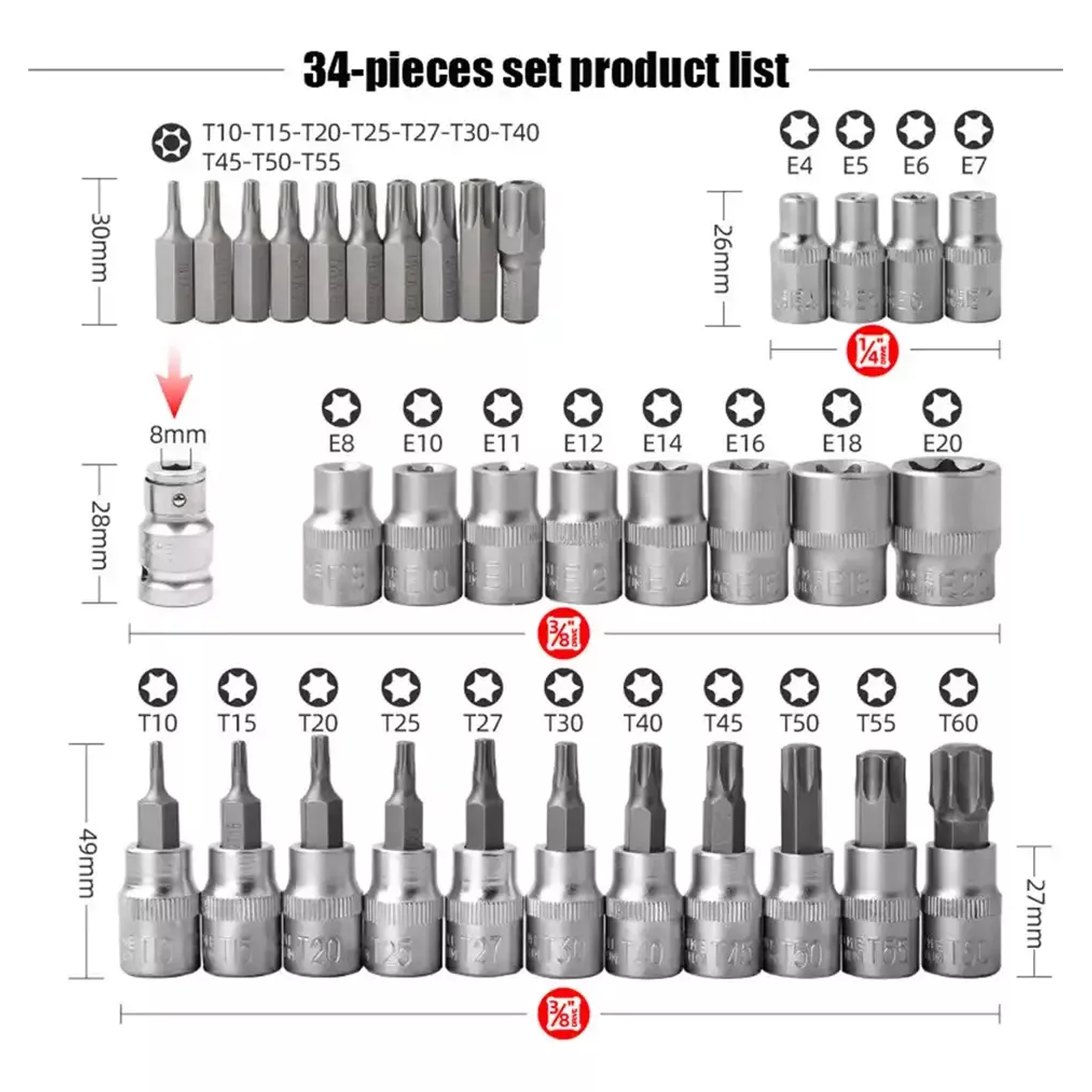 Juego Dados Torx Estrella 3/8 Hembra Macho 34 Pcs Crownman  5