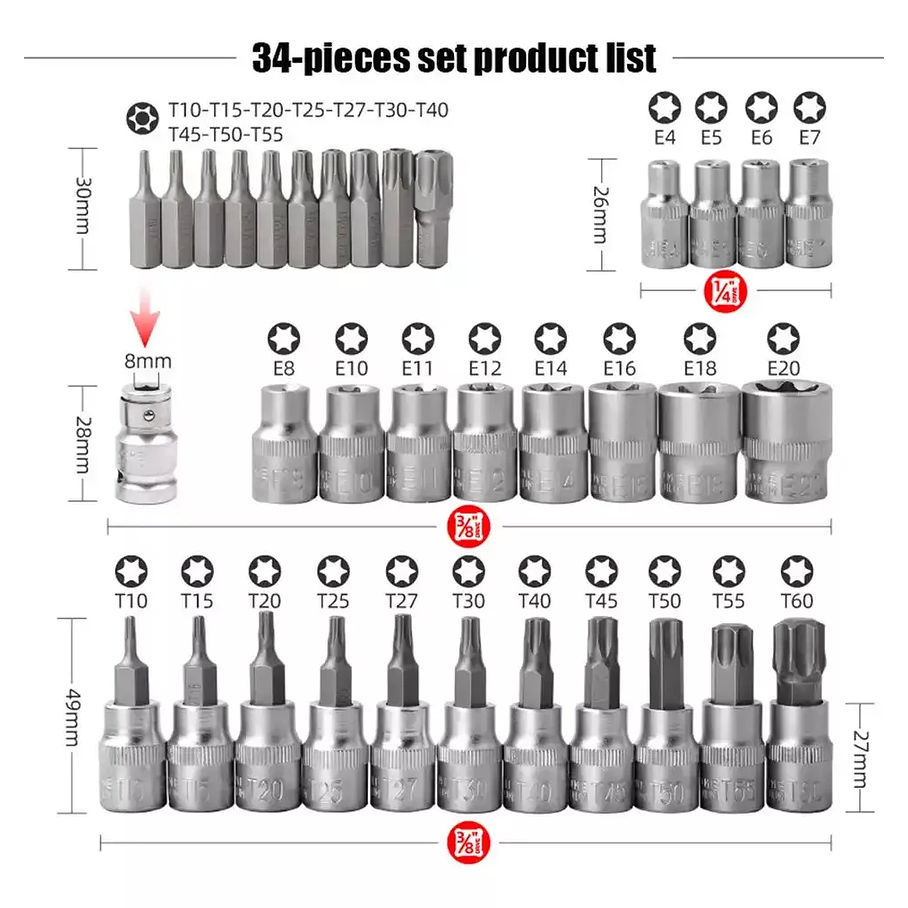 Juego Dados Torx Estrella 3/8 Hembra Macho 34 Pcs Crownman  5