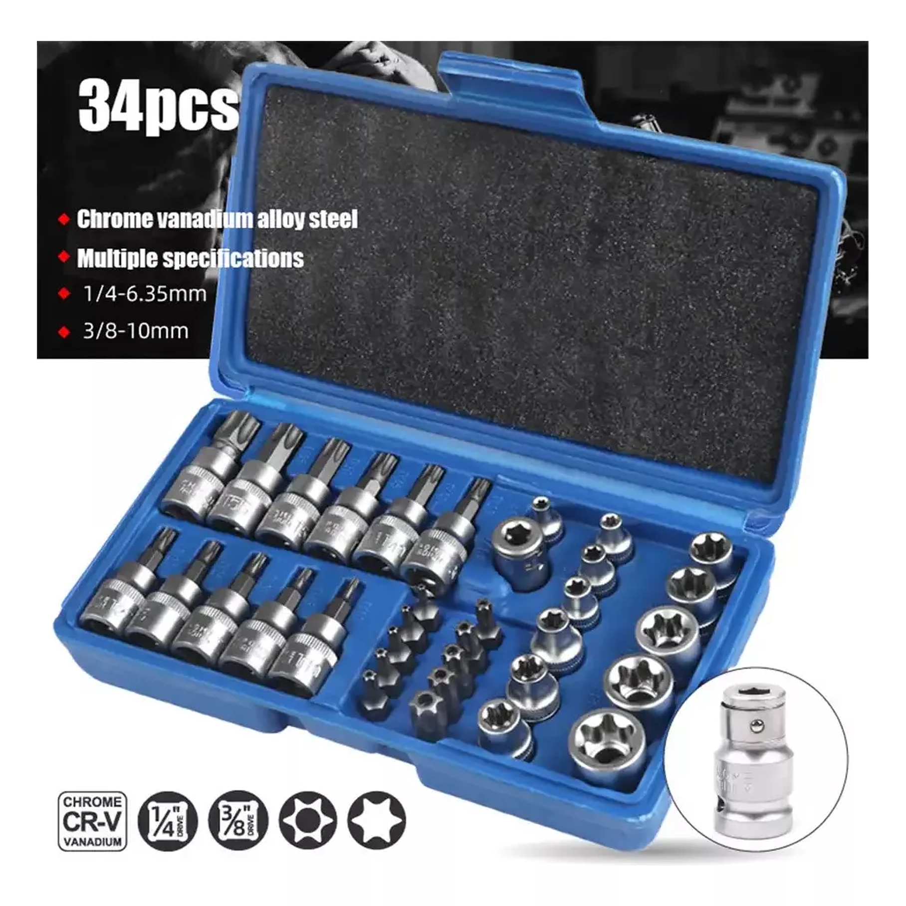 Juego Dados Torx Estrella 3/8 Hembra Macho 34 Pcs Crownman  6