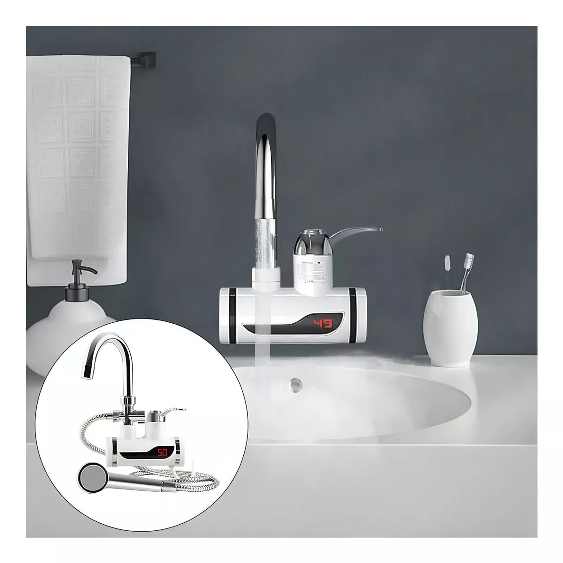 Llave Con Ducha Para Agua Caliente Eléctrica De Lavaplatos Color Blanco 4