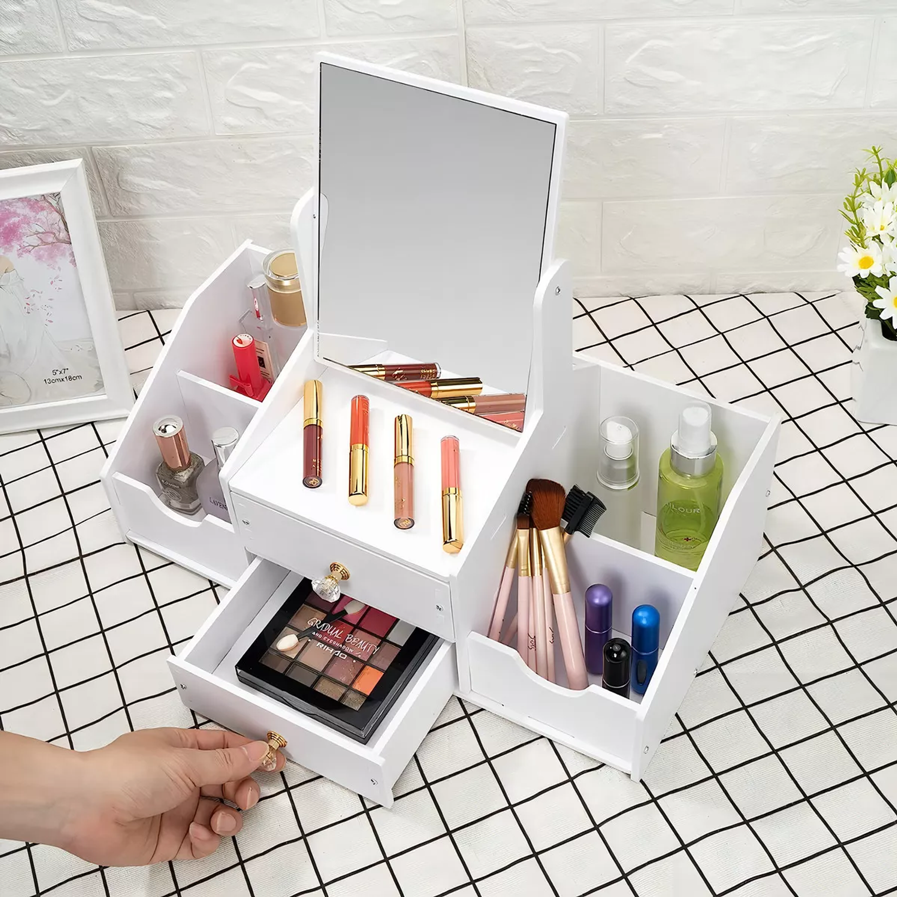 Cajón Con Espejo Y Repisa Organizadora De Joyero Cosméticos Madera 2