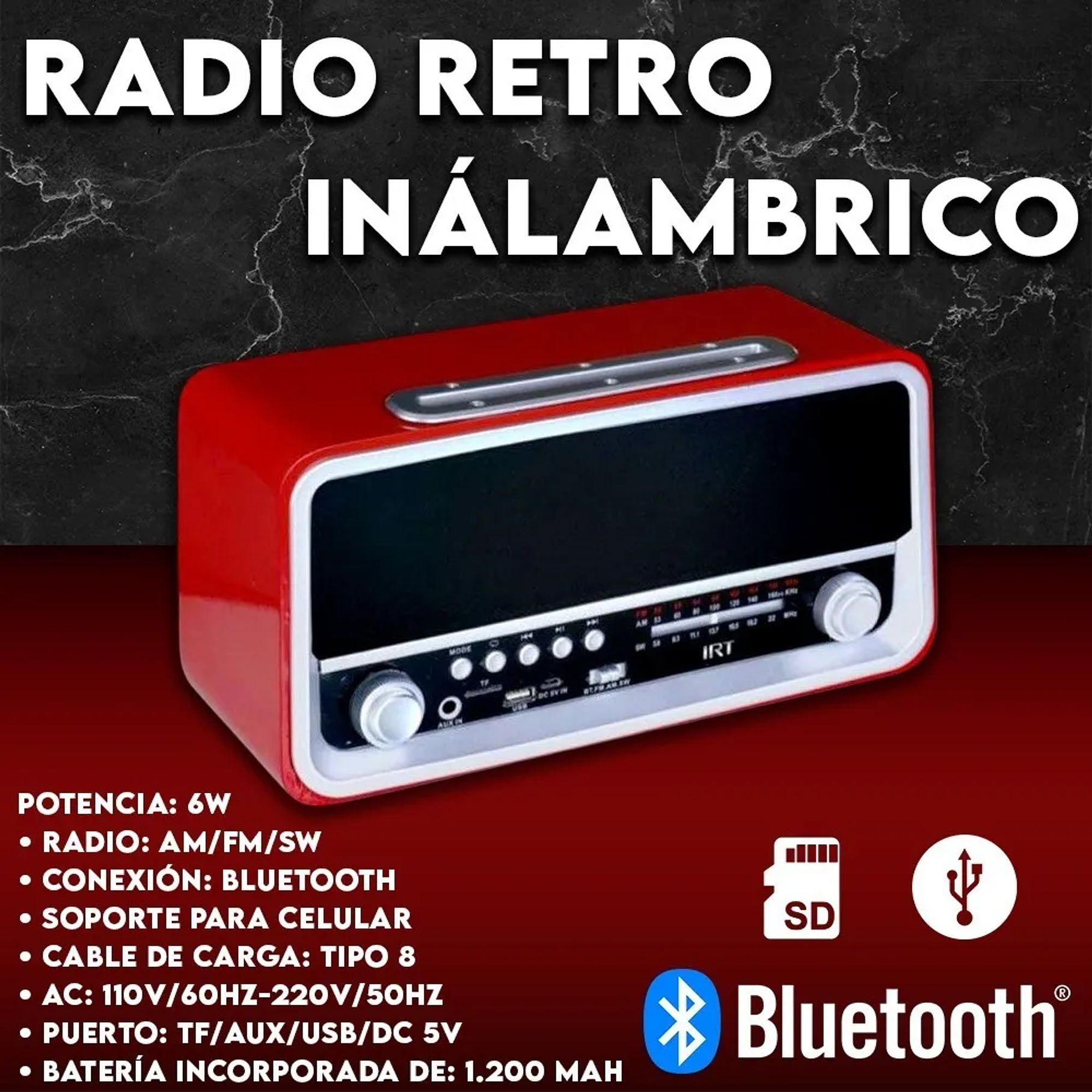 Radio Bluetooth Portátil Retro Irt Usb Am Fm Rojo Fx Vintage 4