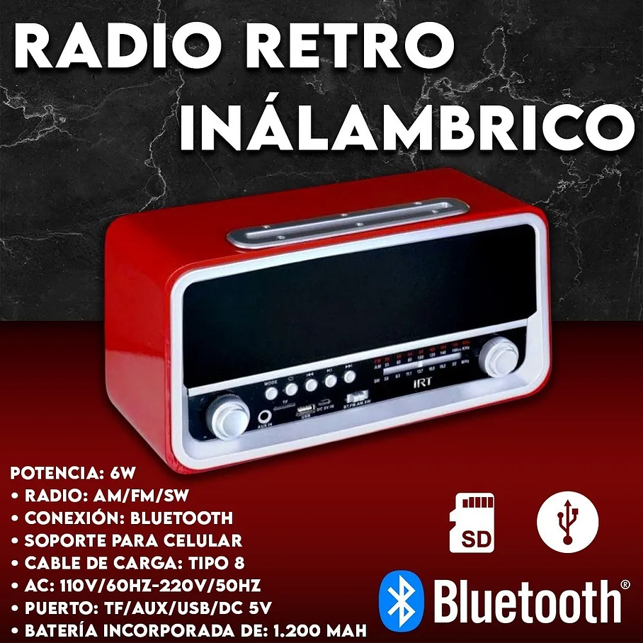 Radio Bluetooth Portátil Retro Irt Usb Am Fm Rojo Fx Vintage 4