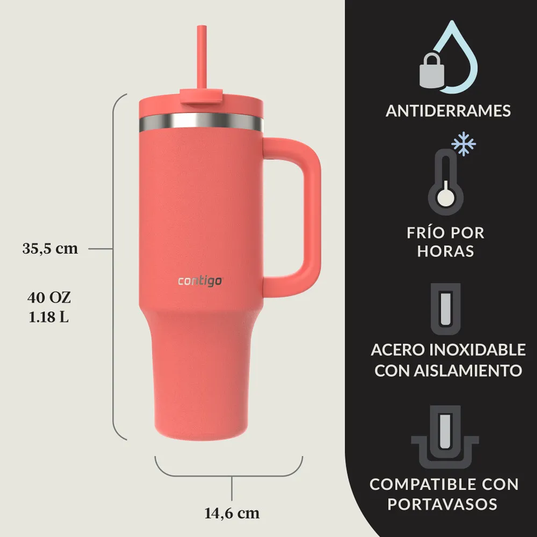 Botella Contigo Streeterville Térmico 1180ml Color Coral Acero Inoxidable 4