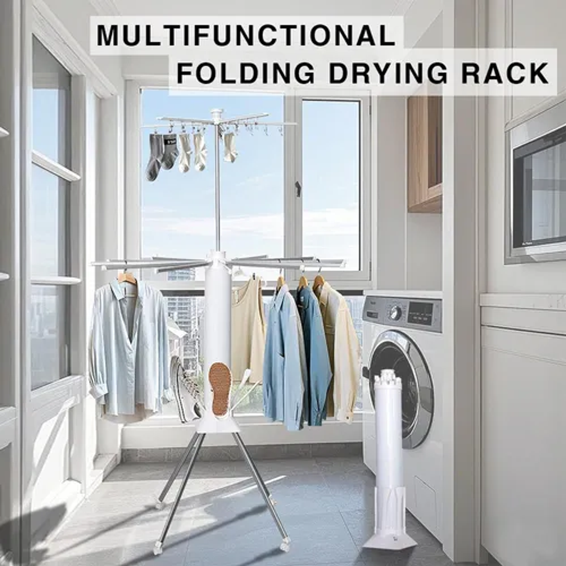Tendedero De Ropa Plegable Tendedero De Ropa Telescópico Tendedero De Ropa Triangular Multifuncional Secador De Zapatos Tipo Helicóptero Metálico 8