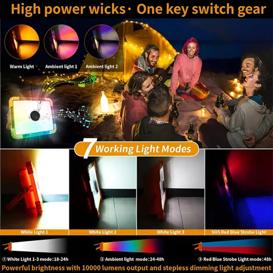Foco Led Solar Emergencia Con Parlante Recargable Camping Bluetooth Música Camping Carga Usb 2