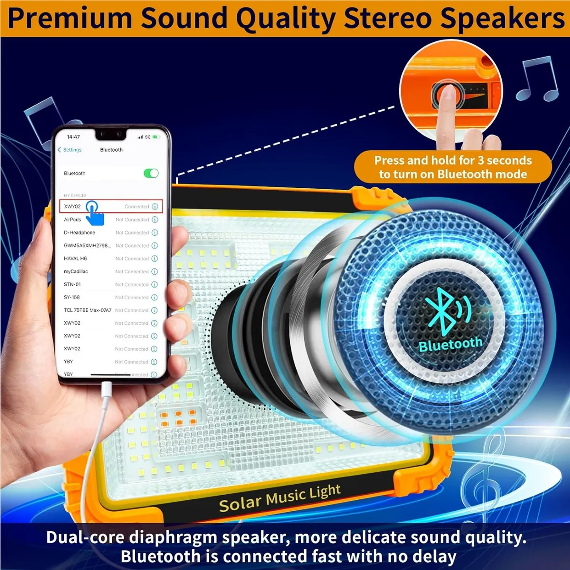 Foco Led Solar Emergencia Con Parlante Recargable Camping Bluetooth Música Camping Carga Usb 5