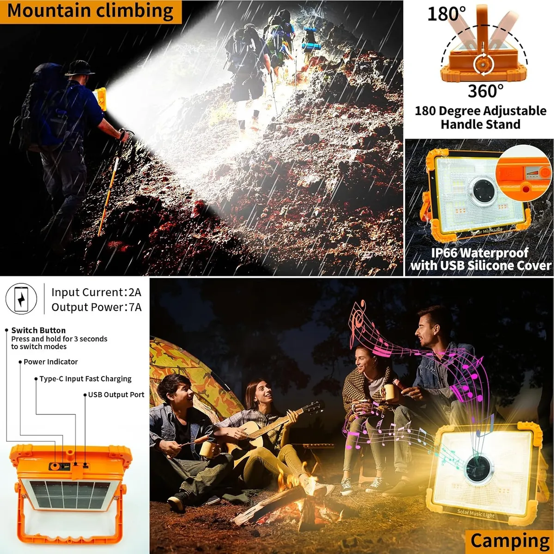 Foco Led Solar Emergencia Con Parlante Recargable Camping Bluetooth Música Camping Carga Usb 6