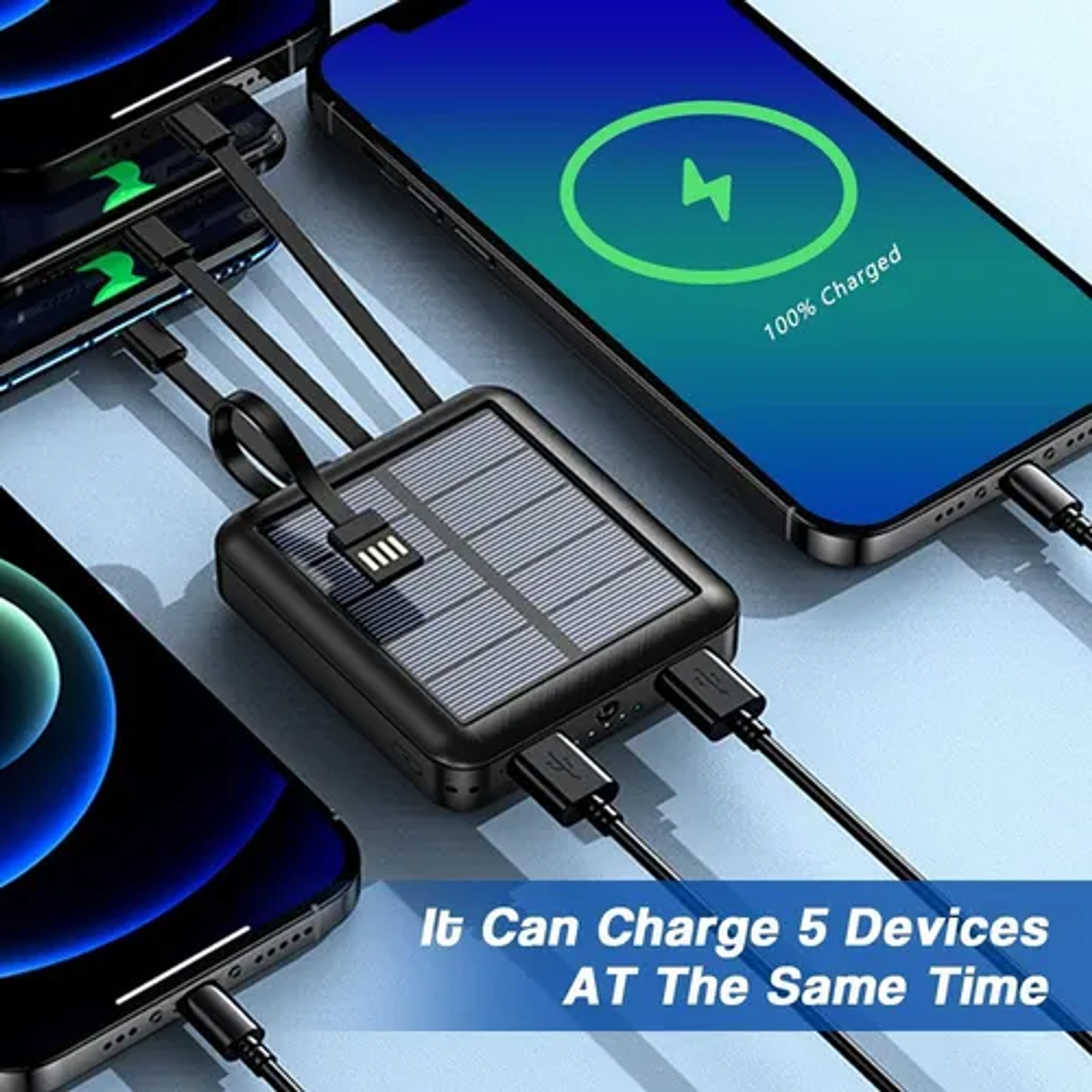 Bateria Portatil Externa 2 Usb Solar Powerbank Color Negro Capacidad 10.000 mah Multifuncional 4 Cables de Carga 3