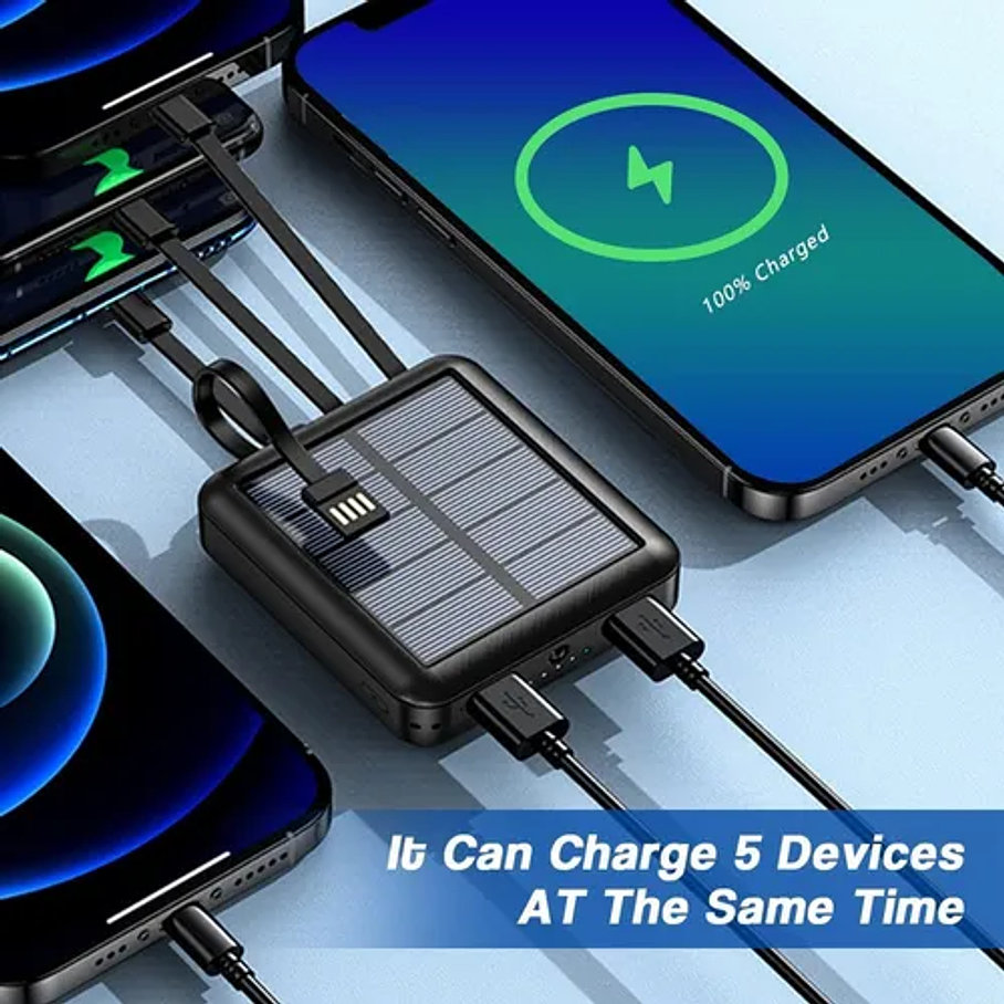 Bateria Portatil Externa 2 Usb Solar Powerbank Color Negro Capacidad 10.000 mah Multifuncional 4 Cables de Carga 3