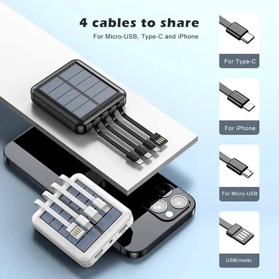 Bateria Portatil Externa 2 Usb Solar Powerbank Color Negro Capacidad 10.000 mah Multifuncional 4 Cables de Carga 5