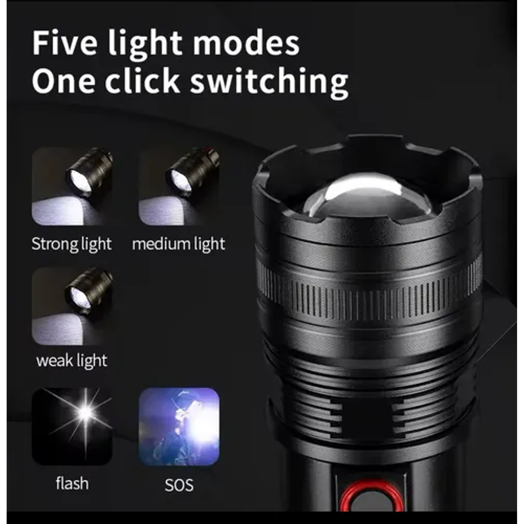 Linterna Gran Potencia Recargable Tactica Con Zoom 2000lm Linterna Negro Luz Blanco 2