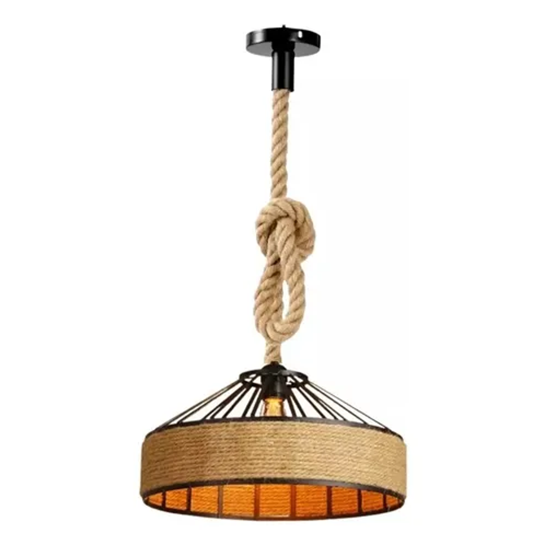 Lampara Colgante Con Cuerda Cáñamo - Metal Rustica Colgante Estructura Negro 1