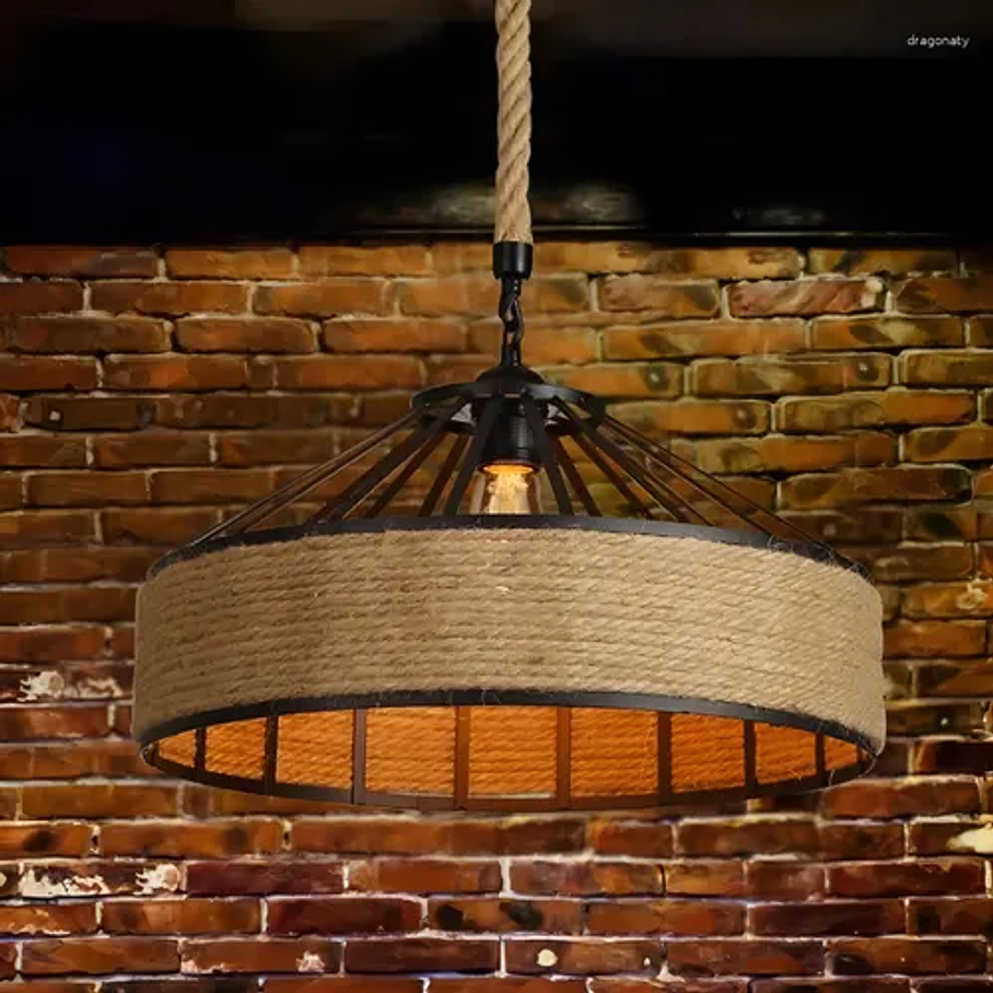 Lampara Colgante Con Cuerda Cáñamo - Metal Rustica Colgante Estructura Negro 5