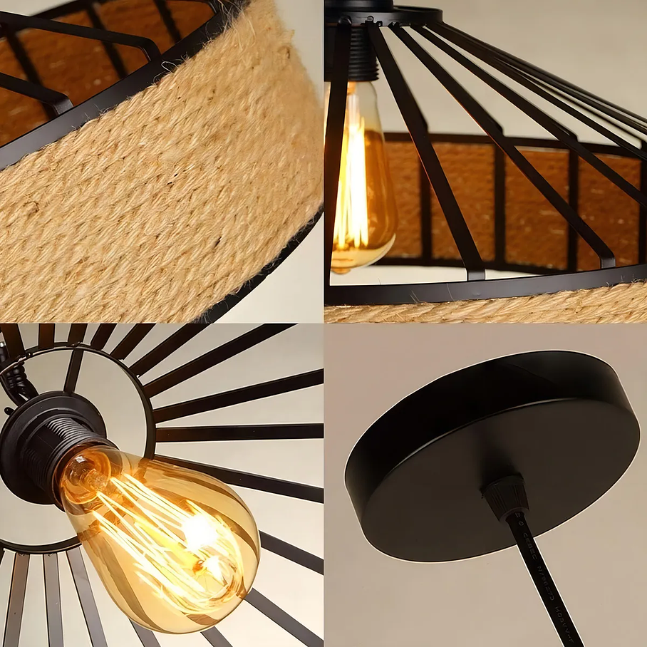 Lampara Colgante Con Cuerda Cáñamo - Metal Rustica Colgante Estructura Negro 10