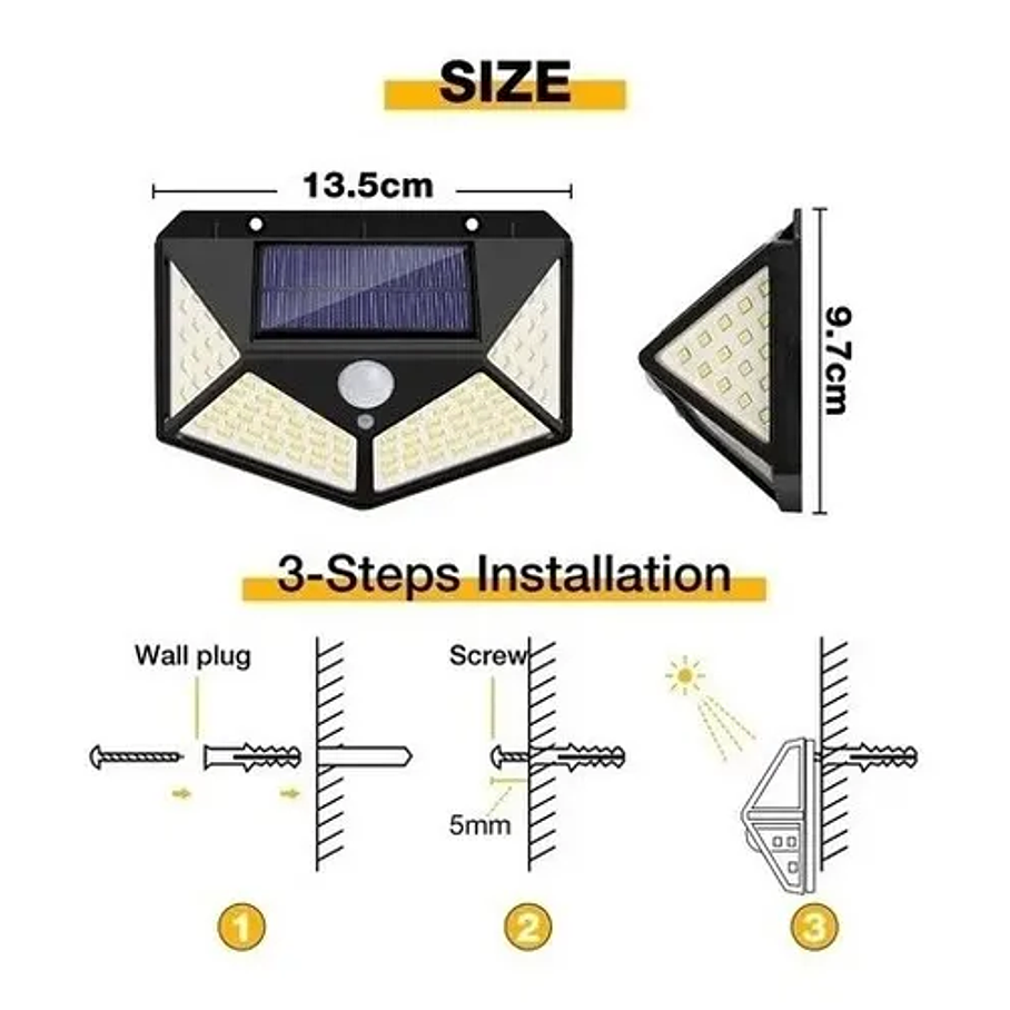 Aplique Foco Solar 100 Led Lampar Exterior Sensor Movimiento 3