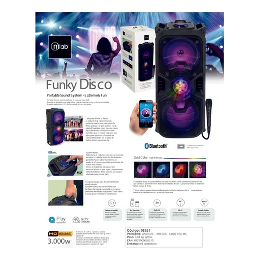 Parlante Karaoke Bluetooth Rgb Mlab Funky Disco +micrófono Color Negro Bola Disco Luces Proyector 6