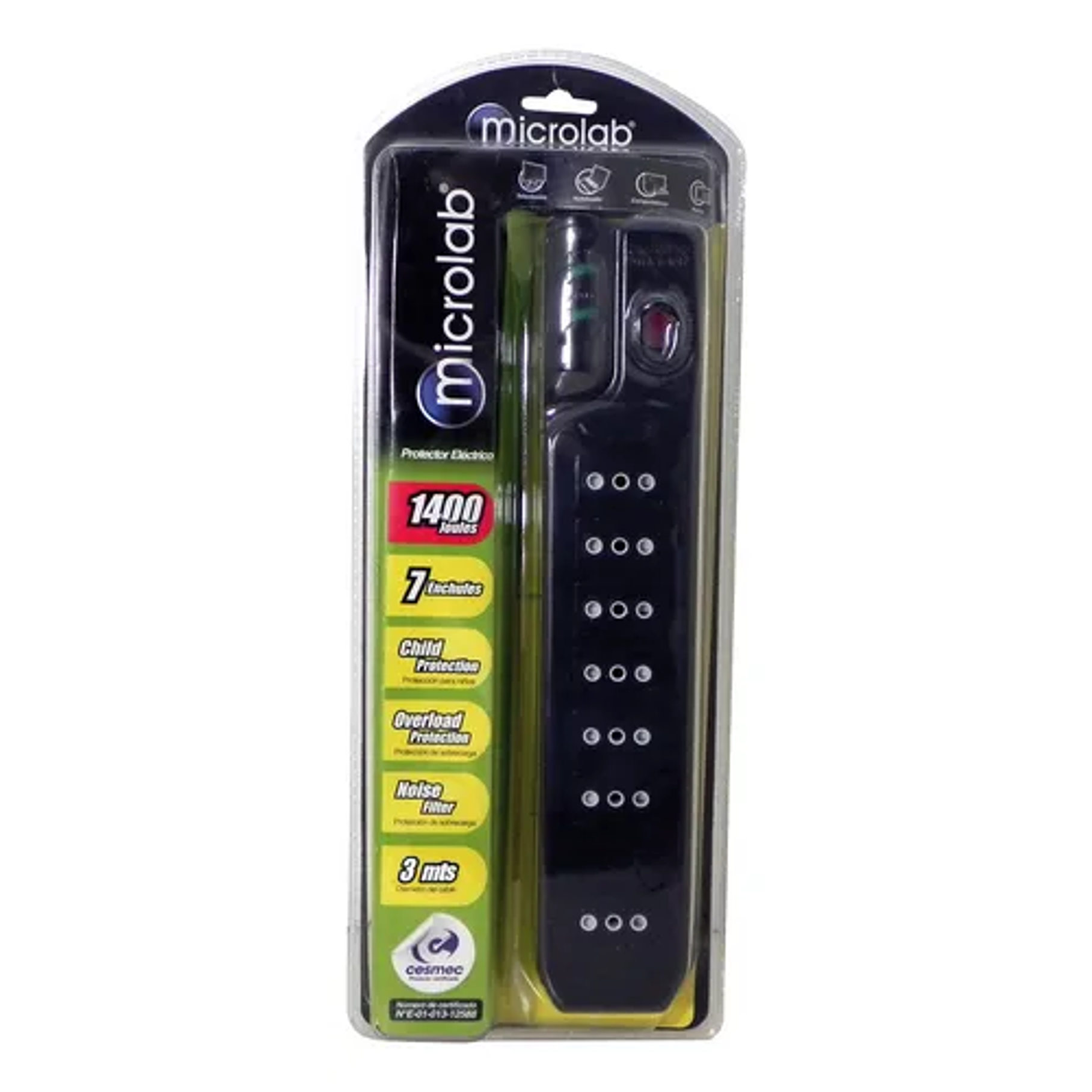 Alargador Protector De Voltaje 3 Metros Mlab 9305 Color Negro Certificado 1400w 7 Salidas 4