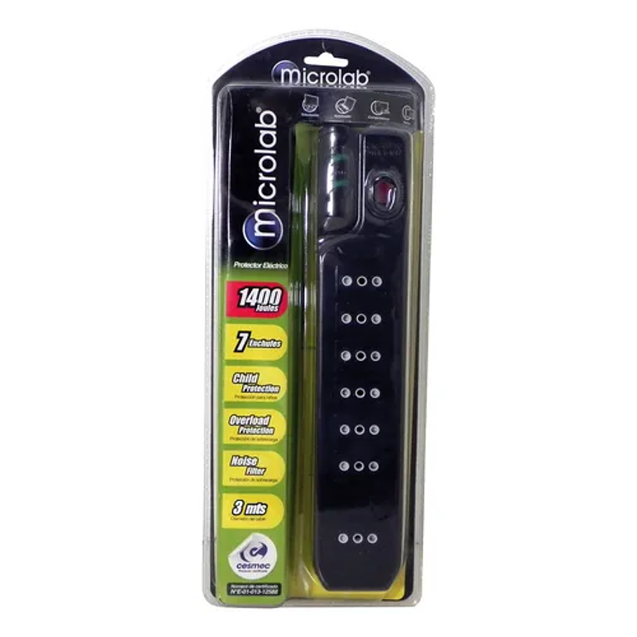 Alargador Protector De Voltaje 3 Metros Mlab 9305 Color Negro Certificado 1400w 7 Salidas 4