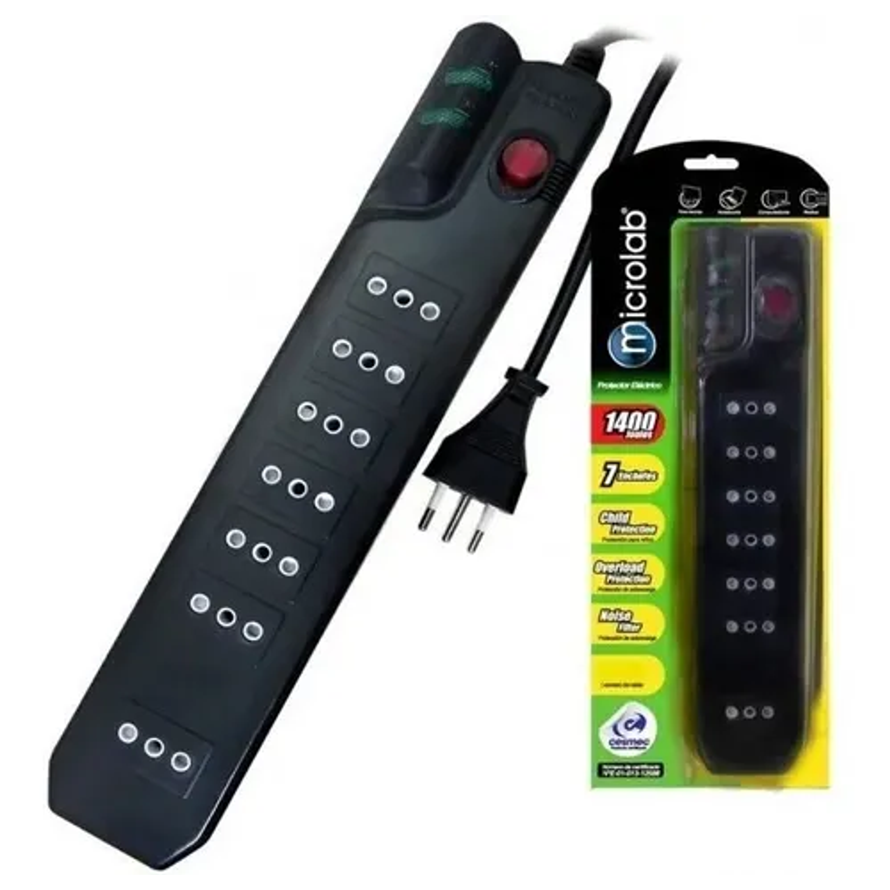 Alargador Protector De Voltaje 3 Metros Mlab 9305 Color Negro Certificado 1400w 7 Salidas 1