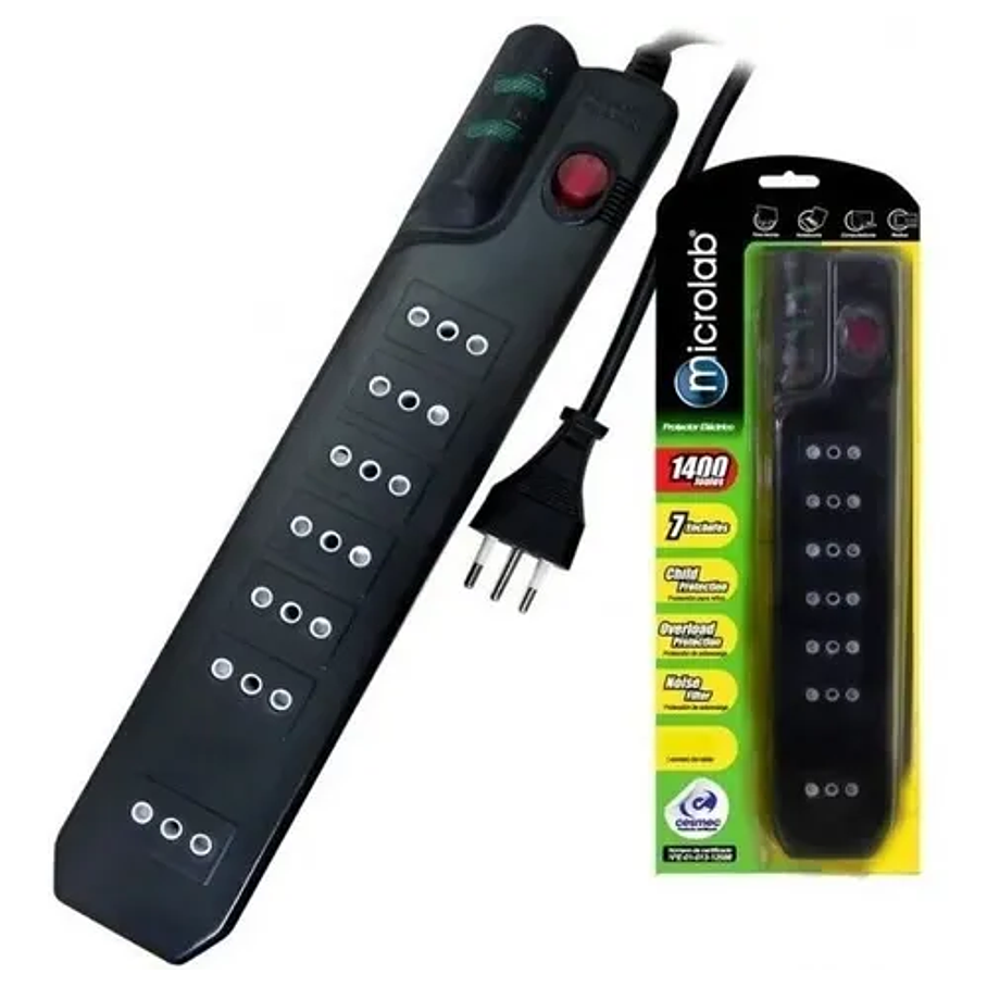 Alargador Protector De Voltaje 3 Metros Mlab 9305 Color Negro Certificado 1400w 7 Salidas 1