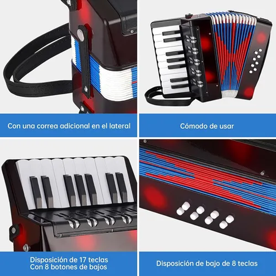 Acordeón 17 Teclas 8 Botones De Bajo Mediano Kids Nutech Negro Instrumento Musical De Aprender Para Niños  5