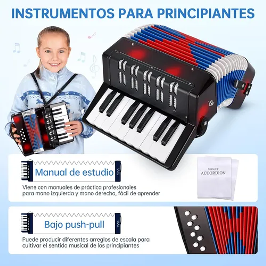 Acordeón 17 Teclas 8 Botones De Bajo Mediano Kids Nutech Negro Instrumento Musical De Aprender Para Niños  6