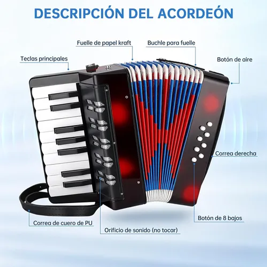 Acordeón 17 Teclas 8 Botones De Bajo Mediano Kids Nutech Negro Instrumento Musical De Aprender Para Niños  7