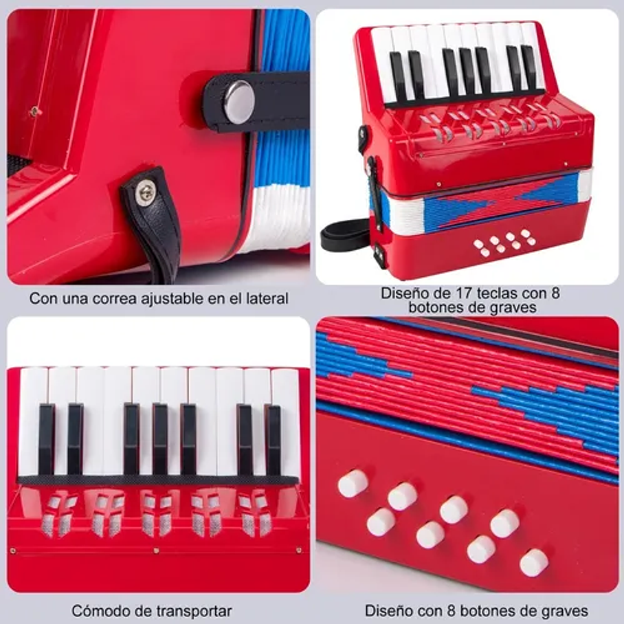 Acordeón 17 Teclas 8 Botones De Bajo Mediano Kids Nutech Color Rojo Instrumento Musical De Aprender Para Niños  5